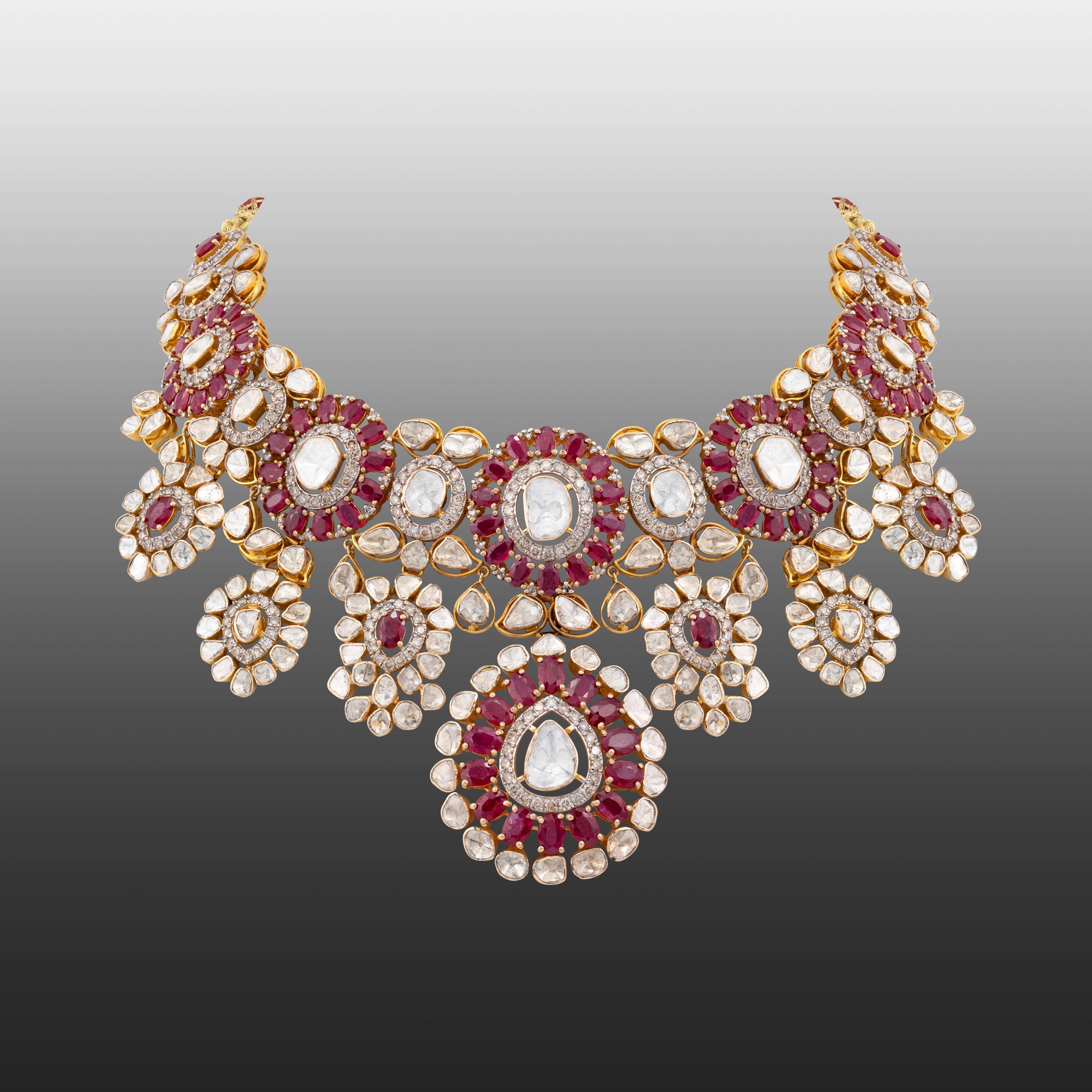 Ruby and Polki Floral Necklace with Diamond Accents